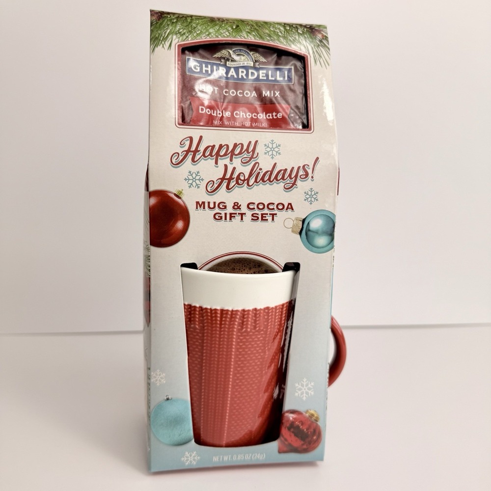 Ghirardelli‎ Holiday Mug & Coca Gift Set Ceramic Red White Double Chocolate New